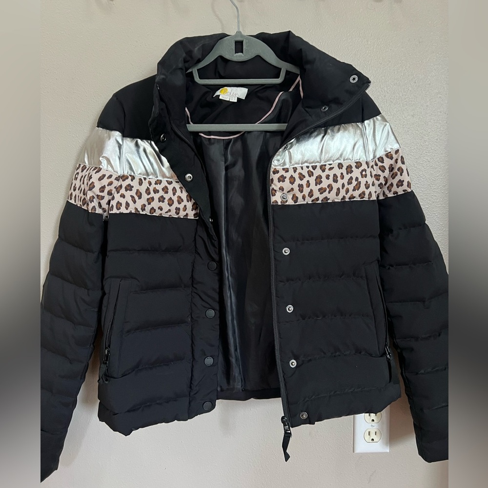 Boden puffer jacket with silver and leopard detail